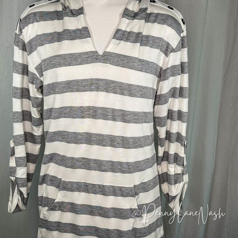 Sandiva Striped Pullover Terry Tunic Hoodie Gray/White - Picture 2 of 11